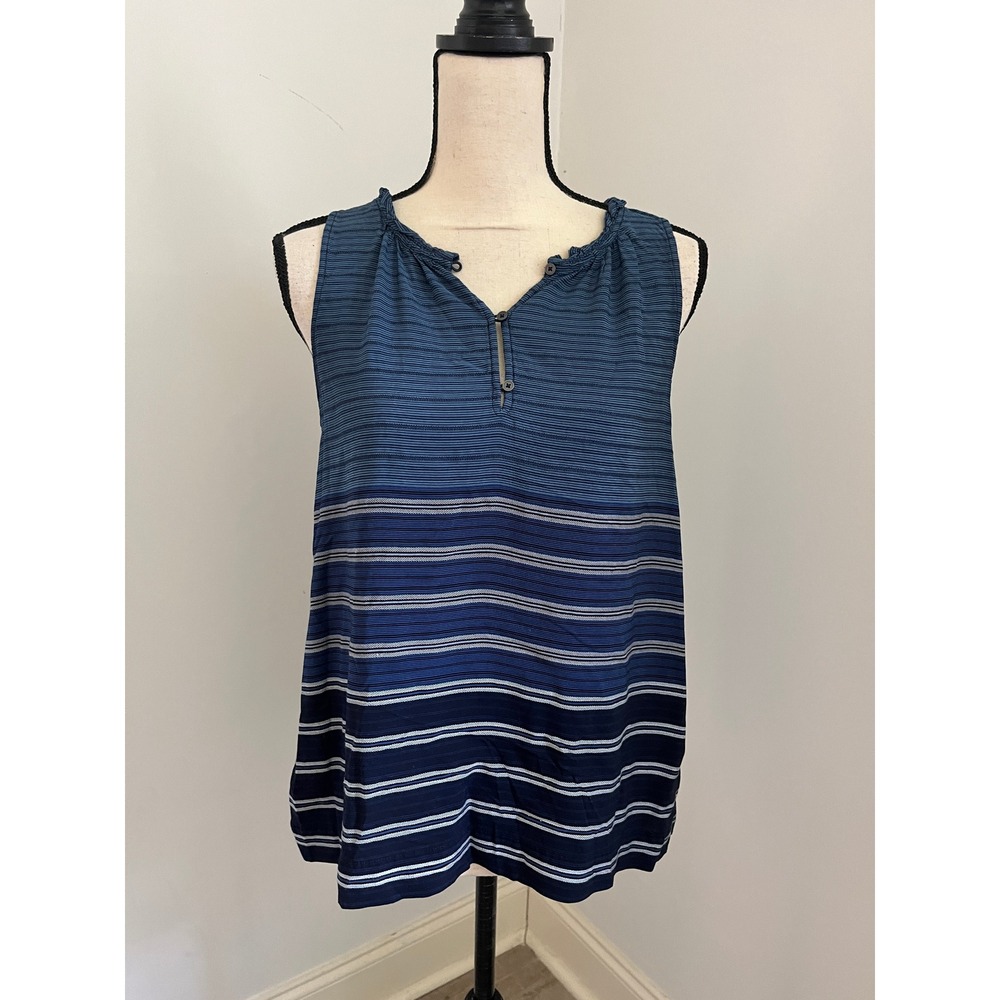 Blue Striped Sleeveless Blouse sz Small Henley Ruffled Nautical Preppy Everyday